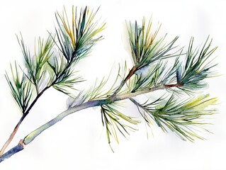 Pine branch watercolor isolated illustration, the fine details of the pine ne