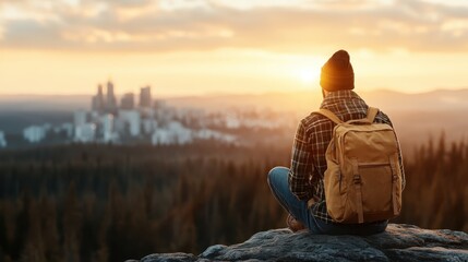 Obraz premium A lone individual sits atop a rock, gazing at a breathtaking sunset view over a city skyline, representing the harmony between nature and urban life.