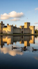 Majestic Castle and Geese Reflecting in Calm Water Under Cloudy Sky