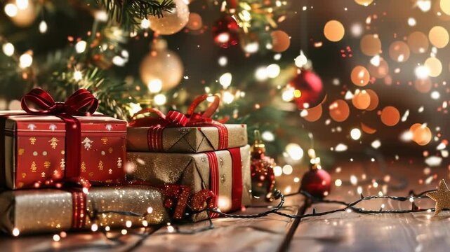 Festive holiday scene with presents wrapped in decorative paper and ribbon, ornaments, and twinkling lights under a Christmas tree, creating a warm and celebratory atmosphere.