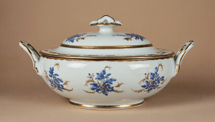 Elegant porcelain serving dish with intricate blue floral patterns and gold accents, showcasing fine craftsmanship and timeless design, perfect for dining table presentation