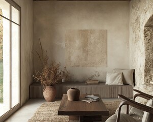Scandinavian farmhouse living room interior, wall mockup with minimalist design and warm tones captured in stunning 