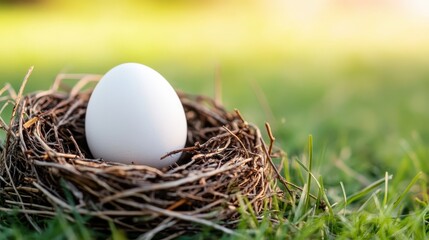 Obraz premium A pristine white egg rests comfortably in a woven nest, symbolizing new beginnings and the beauty of nature's cycles, surrounded by vibrant green grass and soft lighting.