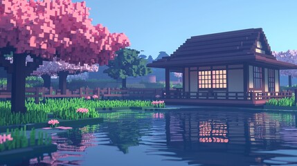 Obraz premium Japanese Tea House in Rural Spring Landscape with Cherry Blossoms and Voxel Style