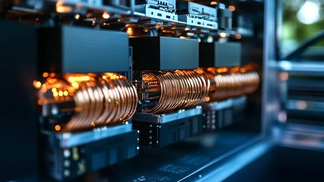 Electric bus power unit with aluminum casing, coiled copper busbars, and integrated inverter components displayed in clean close-up