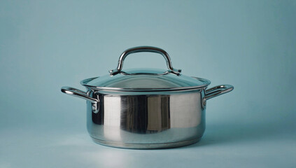 Stainless steel cooking pot with a shiny surface and a matching lid, placed against a soft blue background, showcasing modern kitchen cookware design and functionality