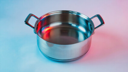 Stainless steel cooking pot with two handles, reflecting colorful light against a soft gradient background, showcasing modern kitchenware design and functionality