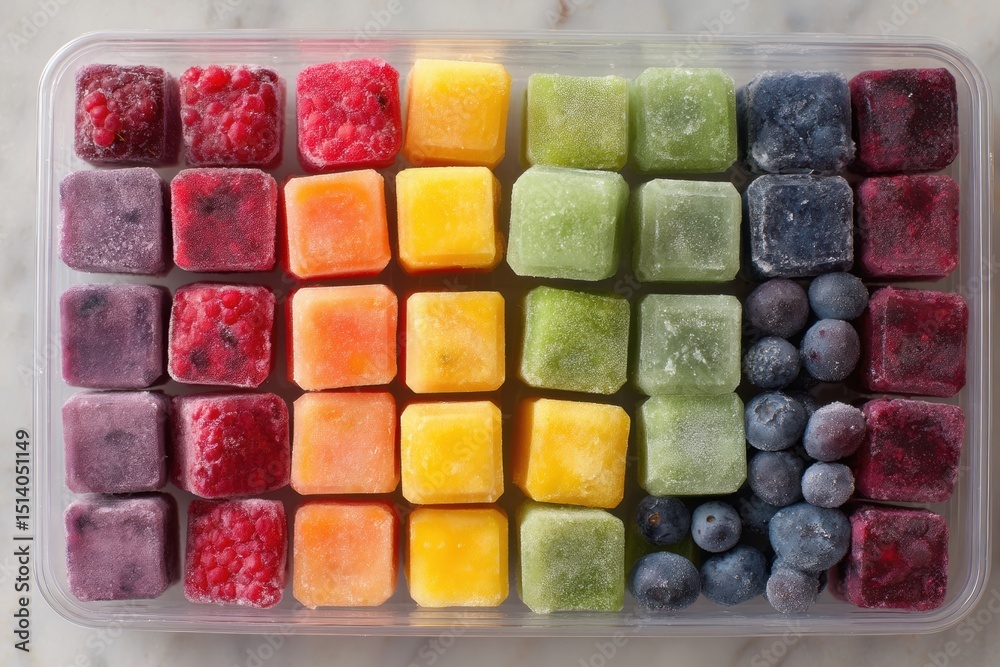Poster frozen smoothie cubes arranged by color in a neat grid showcasing vibrant fruits