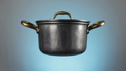 Black cooking pot with golden handles suspended in mid-air against a soft blue gradient background, showcasing modern kitchenware design and elegance in culinary tools