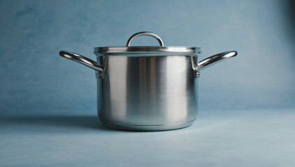 Stainless steel cooking pot with lid, featuring a polished surface and sturdy handles, positioned on a soft blue background, showcasing modern kitchenware design and functionality