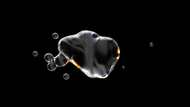 Fluid liquid glass blob, metaball morphing animation. Scattering, merging and flowing of glossy transparent liquid deforming organic molecules. Seamless loop. Embedded alpha channel.