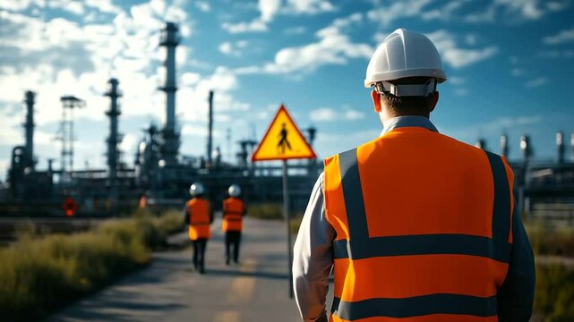 Wind picks up high-visibility vests of engineers as they examine gas compressor stations surrounded by warning signage