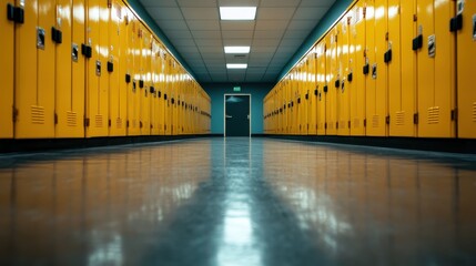 A long perspective view of bright yellow lockers in a modern school hallway, emphasizing both the organized space and inviting atmosphere of educational environments.