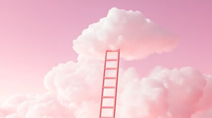 Pastel pink ladder reaching for a cloud conceptual image representing aspiration dreams imagination and abstract concepts in a soft sky