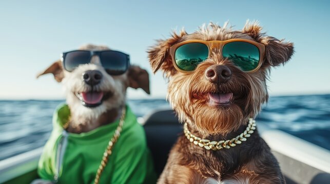 Two happy dogs wearing sunglasses are enjoying a sunny day on a boat. Their playful expressions capture the joy of summer and companionship in an outdoor setting.