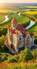 Majestic Medieval Castle with Red Roofs and River Winding Through Lush Green Landscape