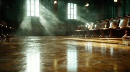 A serene courtroom setting with wooden benches and soft sunlight filtering through the windows, creating a peaceful and reflective atmosphere for contemplation.