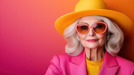 An elegant senior woman exudes confidence in a vibrant outfit and stylish accessories against a colorful background, showcasing fashion and grace in maturity.