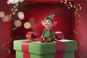 Cute 3D Christmas Elf Figurine Sitting on a Festive Gift Box