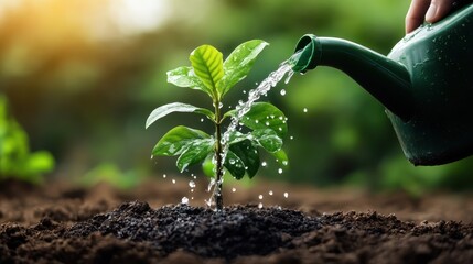 A close-up of a hand watering a small green plant, showcasing the nurturing aspect of nature and the importance of nurturing growth for a sustainable future.