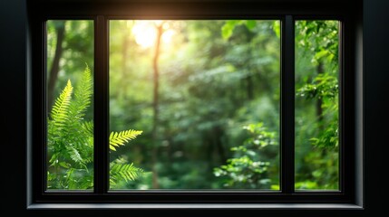 A serene view through a modern window, capturing the beauty of a lush forest bathed in soft sunlight, inviting a sense of peace and connection to nature.