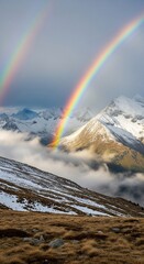 Majestic Rainbow Arcing Over Snowy Mountain Peaks