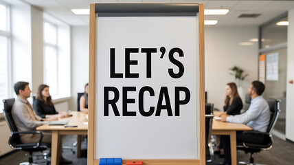 Whiteboard with let's recap text in front of a business meeting setting
