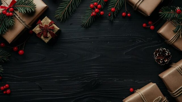 Festive flat lay of wrapped gifts, pine branches, and red berries on a dark wood surface. Holiday cheer and cozy atmosphere.