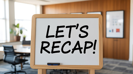 A whiteboard with let's recap written on it in an office setting indoors