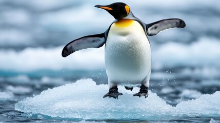 Obraz premium An emperor penguin elegantly stands on an iceberg, flapping its wings with splashes of water nearby, capturing the beauty of wildlife in a cold, icy environment.