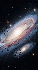 Majestic Spiral Galaxies and Asteroids in Deep Space, Cosmic Beauty