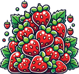 A vibrant illustration of a pile of fresh strawberries with leaves and green accents