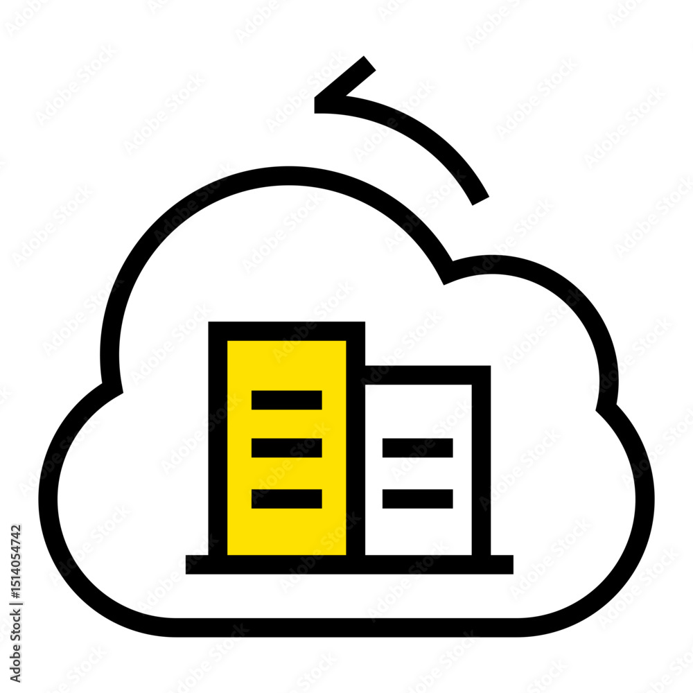 Poster cloud hosting with building icons and refresh arrow indicating data synchronization and server updat