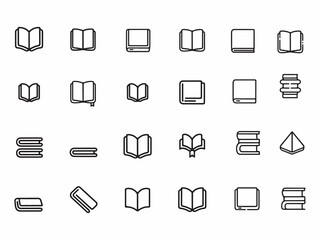 Set of sixteen minimalist black and white book icons arranged in geometric grid layout