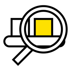 A magnifying glass focusing on a yellow cube object on a conveyor belt in a simple design
