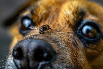 Charming macro shot of bee resting delicately on dog nose, capturing candid and heartwarming wildlife encounter. Perfect for nature themed articles, pet care guides and inspirational posts