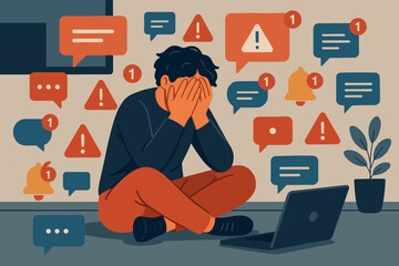 Overwhelmed person stressed by constant digital notifications and online information overload. Man covering face, feeling anxious from too many messages, alerts. Concept of mental health, burnout.