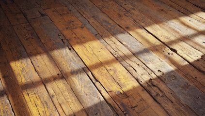Wooden floor with natural light casting shadows, showcasing the texture and grain of the planks, creating a warm and inviting atmosphere for interior design inspiration
