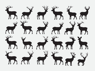 Naklejka premium Collection of wild deer silhouette icons with antlers in multiple standing walking positions