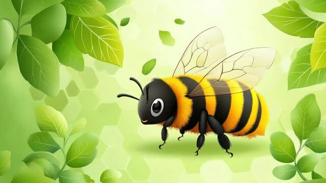 A cheerful bee surrounded by lush green leaves and a honeycomb background