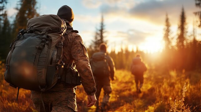 A group of soldiers hiking through a vibrant forest at sunset, equipped with large backpacks, embodying teamwork, strength, and resilience against a stunning backdrop.