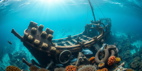 Underwater vibrant coral reef teeming with schools of tropical fish and a scuba diver observing a shark in the deep blue Red Sea