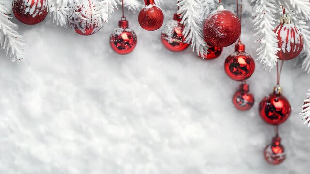 Festive red baubles hang from snow-covered branches, creating a holiday atmosphere. Bokeh effect adds a magical touch.