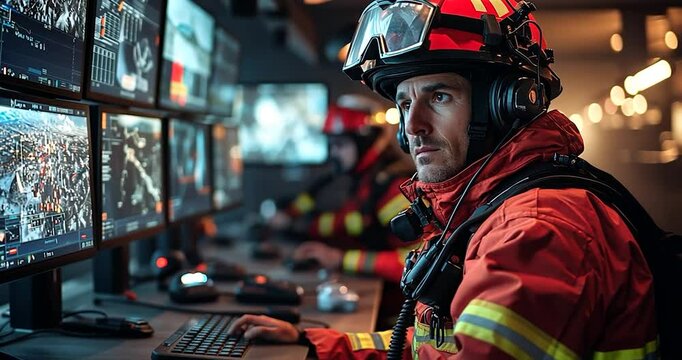 Firefighter using multiple screen displays to monitor emergency, red and yellow jacket, helmet with red stripe, dark background and bokeh effect. A person in background is working. A person in a red