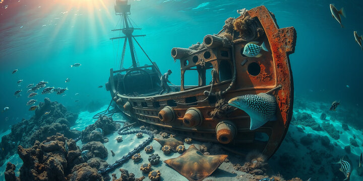 Old rusty industrial train wheel at the bottom of the sea