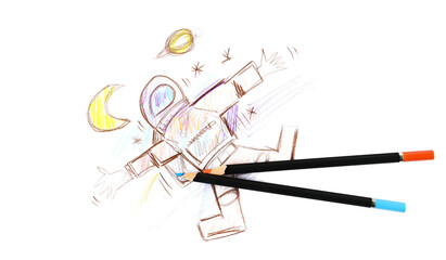 colorful wooden crayons and child's drawing of an astronaut in space, isolated on white background