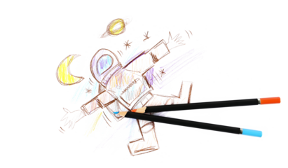 colorful wooden crayons and child's drawing of an astronaut in space, isolated on white background