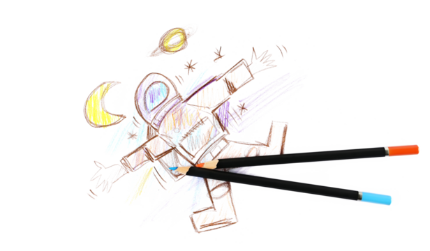 colorful wooden crayons and child's drawing of an astronaut in space, isolated on white background