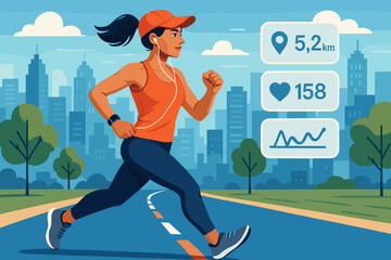 Active woman on urban fitness journey, running in city park with smartwatch and fitness app tracking distance, heart rate. Healthy lifestyle, cardio workout, athletic training concept.