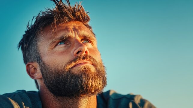 A contemplative man with a beard is looking thoughtfully into the sky during sunset, capturing a moment of introspection and hopefulness against a beautiful backdrop.
